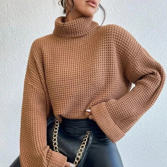 Camel Casual Women's Turtleneck Drop Shoulder Waffle Knit Sweater - Picture 5 of 6